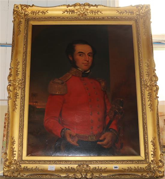 Early 19th century English School, oil on canvas, Portrait of an officer wearing a red tunic